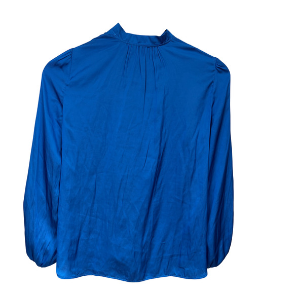 Tahari Blue Satin Blouse Sz XS Blue Ivy Puff Sleeve Ruched Romantic Coquette - Picture 7 of 7